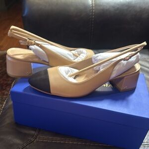 NWT Stuart Weitzman Gabby 45 Slingback, Golden Beige/Black color in box/bag
